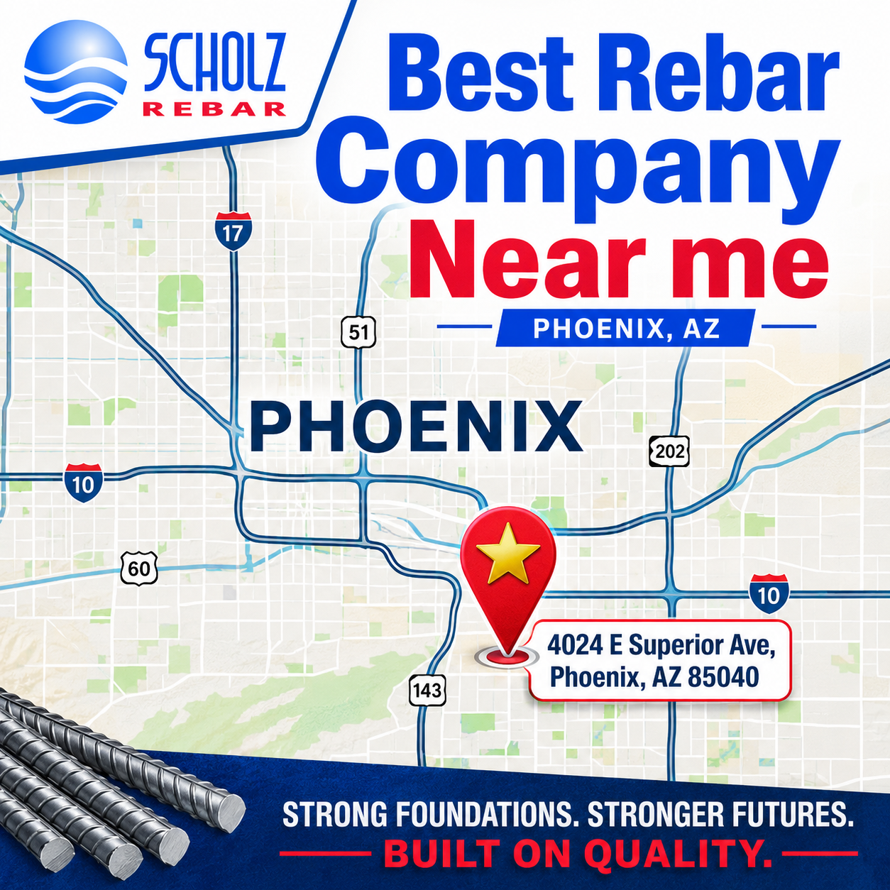 Best rebar companies near me — map of Phoenix Arizona showing Scholz Rebar service area